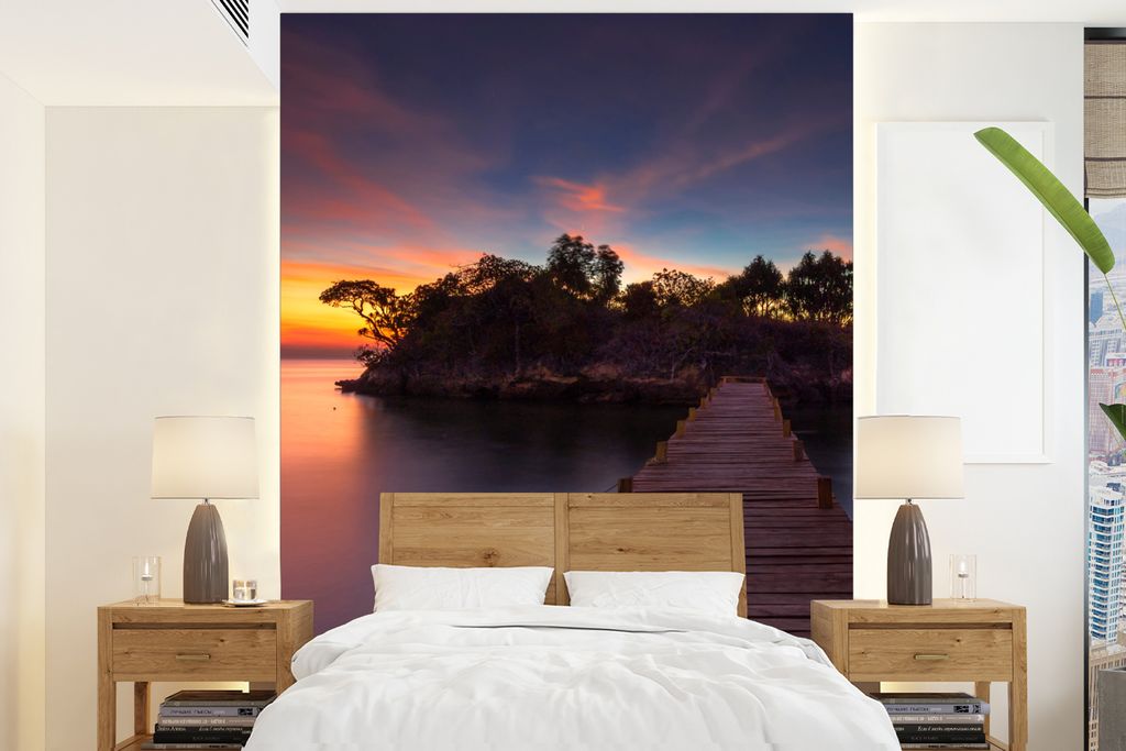 MuchoWow Fototapete für Wohnzimmer oder Schlafzimmer Wandtapete Vinyl Motivtapete Sonnenuntergang - Brücke - Bäume - Wasser - Insel - 175x240 ...