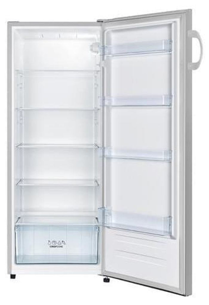 An open refrigerator with empty shelves and a crisper drawer.