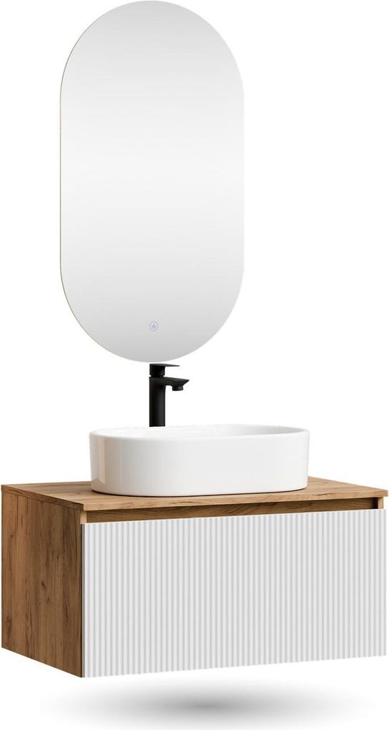 Planetmöbel ARISA Badmöbel Set in Weiß Geriffelt - Mit LED Spiegel und weißem Keramik-Aufsatzwaschbecken 55 cm