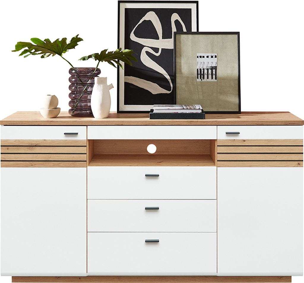 Sideboard 175cm breit, weiß mit Eiche, FALLON-55