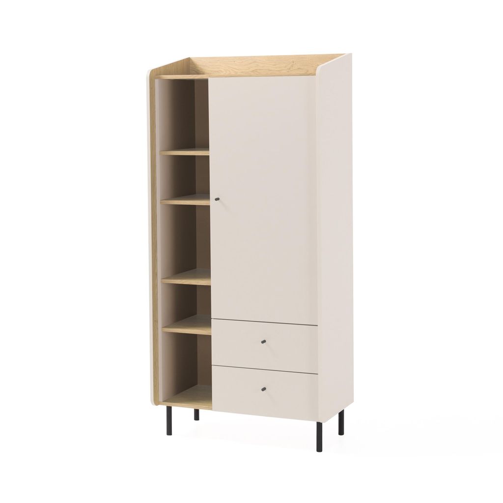 Bücherregal ALEX 80x170 cm – Standregal mit 1 Tür & 2 Schubladen & 6 Einlegeböden – Sandbeige