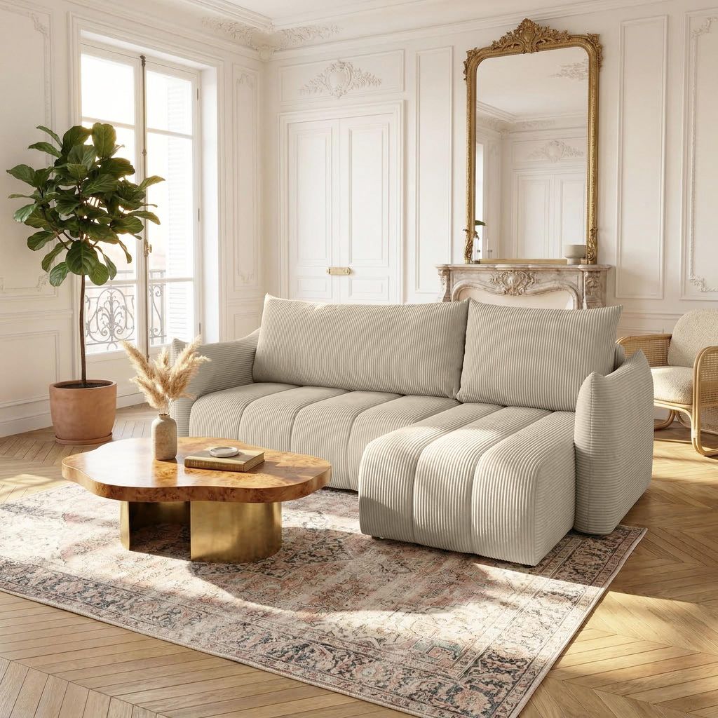 Ecksofa Schlafsofa ONTARIO XS in Stoff Poso Beige Ottomane Rechts