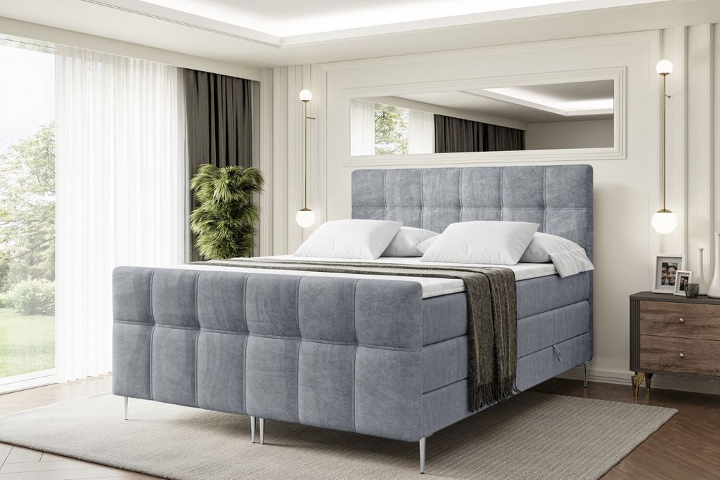 ALTDECOR Boxspringbett mit Silber Füßen, Matratze und Lattenrost, Topper, Fußteil, Polsterbett mit Bettkasten, Bett mit Stauraum H3- und H4- Mat...