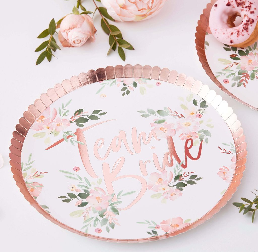 8 Pappteller Team Bride Floral für JGA Junggesellinnenabschied