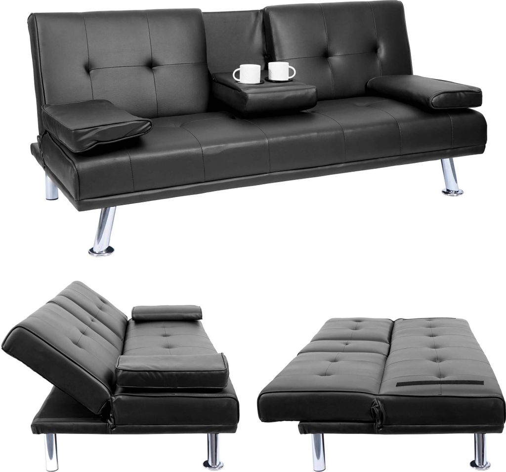 3er-Sofa HWC-F60, Couch Schlafsofa Gästebett, Tassenhalter verstellbar 97x166cm Kunstleder, schwarz
