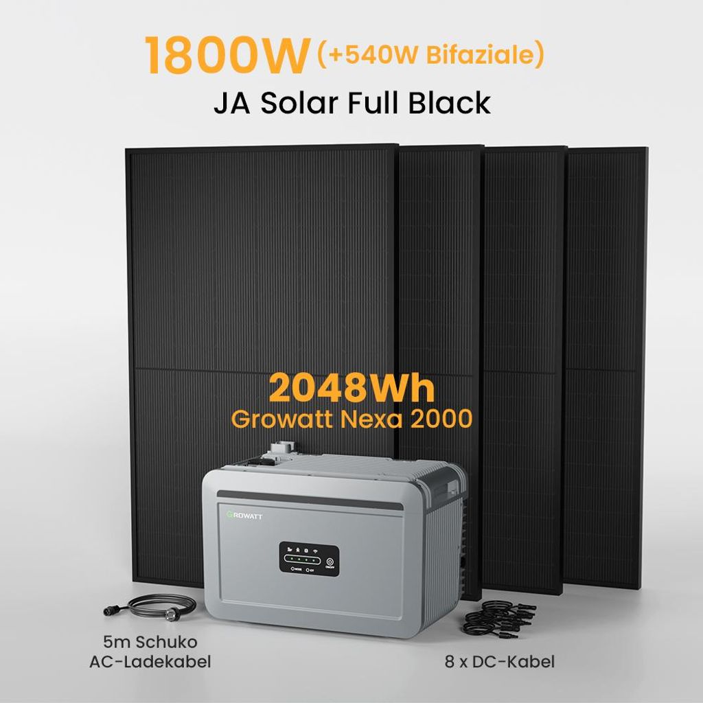 Balkonkraftwerk mit Speicher Growatt NEXA 2000 Speicher All-in-One 2048Wh Speicher mit 1800W Full Black Bifaziale Solarmodule für Balkonkraftwerke