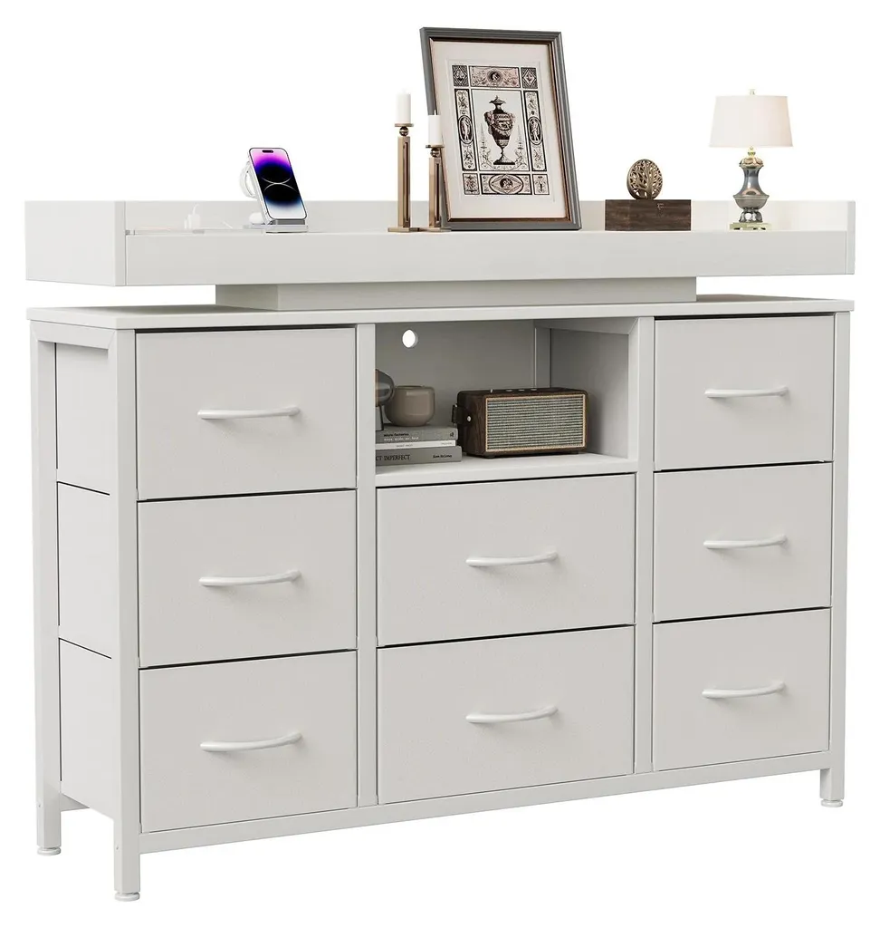 Buffet de Rangement 8 Tiroirs Blanc avec Prises USB et Rétroéclairage LED