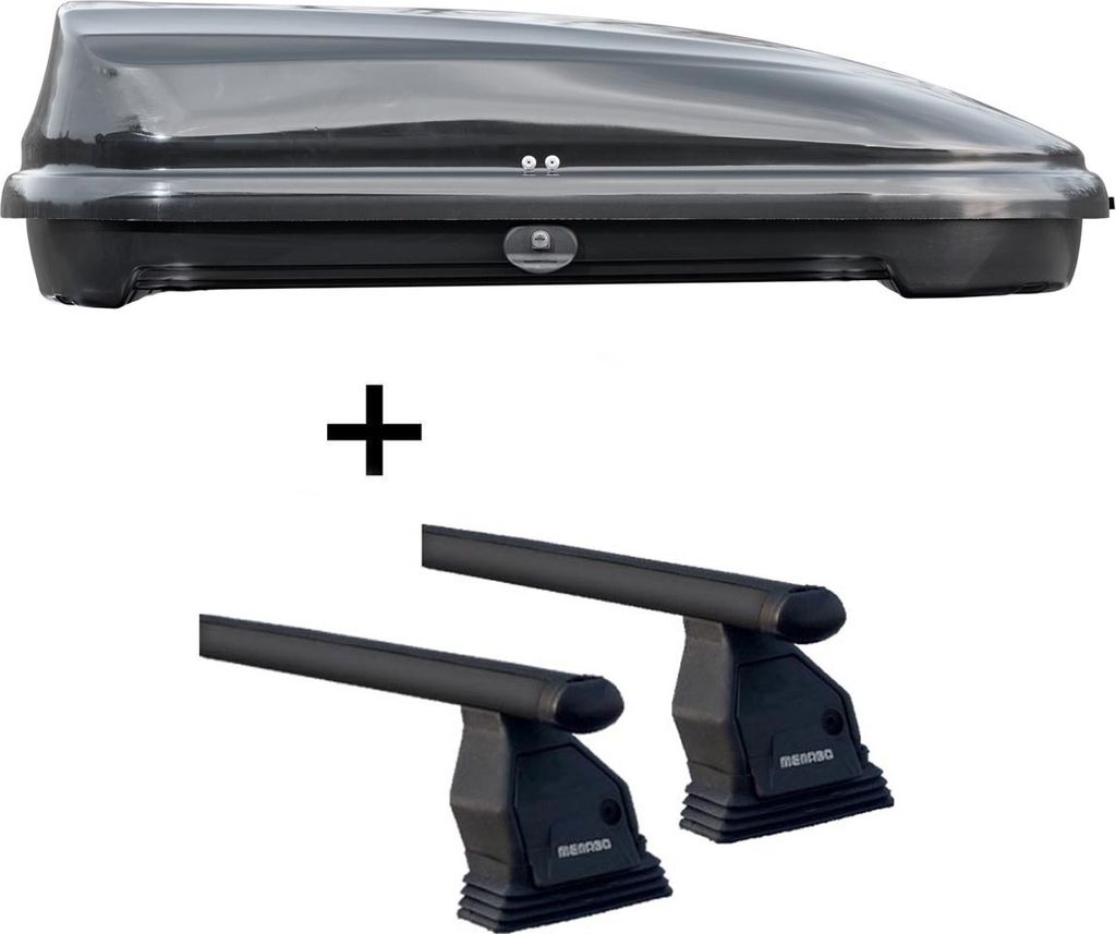 Dachbox VDPFL320 schwarz glänzend 320 Ltr + Dachträger Menabo Tema kompatibel mit für Mercedes B-Klasse W246 (Schrägheck 5 Türer) ab 2012 Stahl