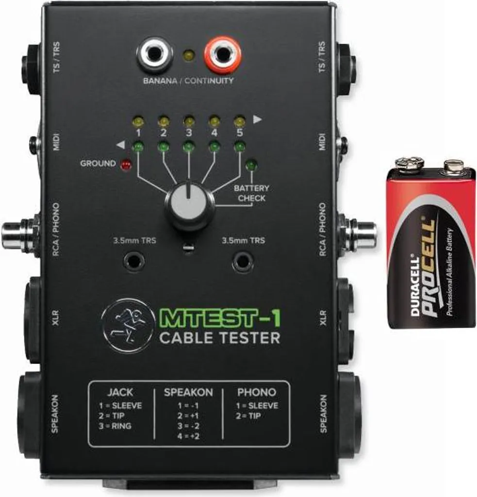 Tester per cavi Mackie Mtest-1 per 7 tipi di connessione con batteria