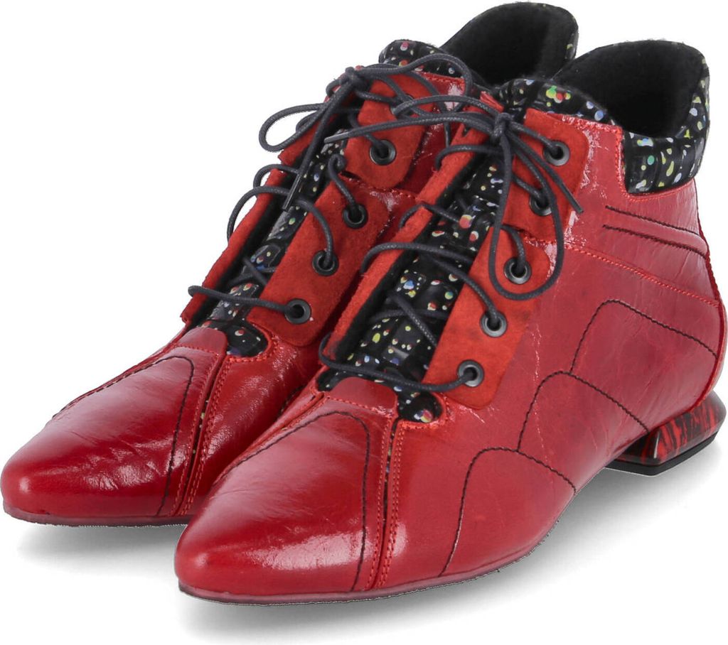 A pair of red lace-up ankle boots with a patterned fabric lining.