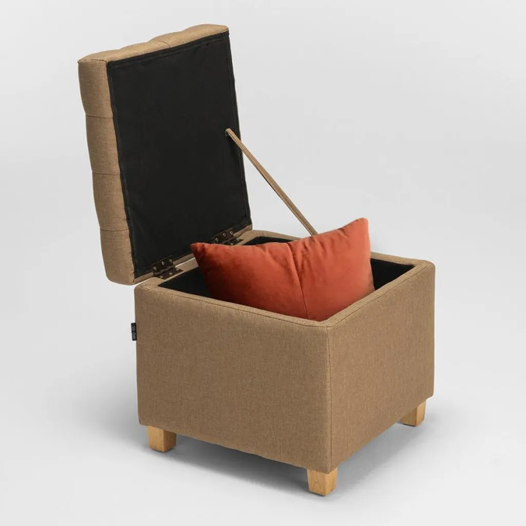 Tabouret de rangement beige avec coussin matelassé café pour salon
