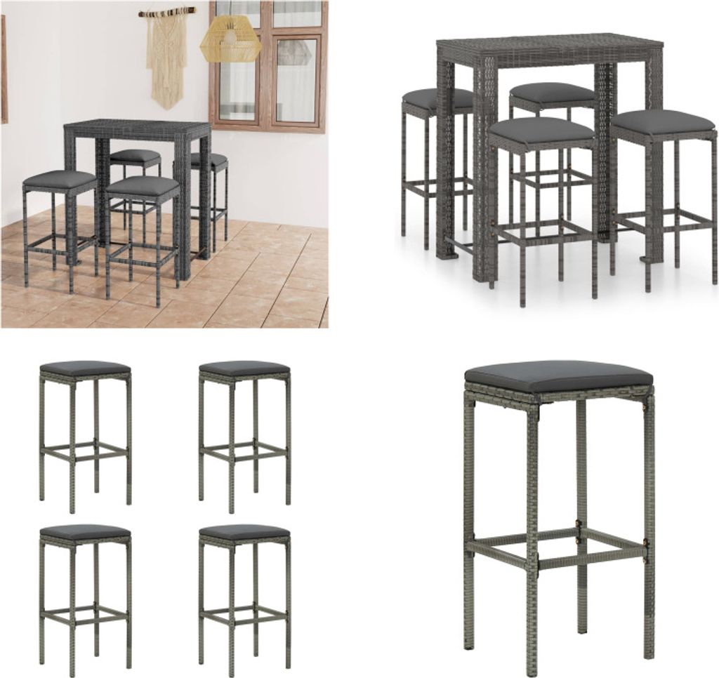 vidaXL 5 tlg. Gartenbar Set mit Kissen Poly Rattan Grau - Bar-Set - Bar-Sets - Bartisch Und Barhocker - Bartisch