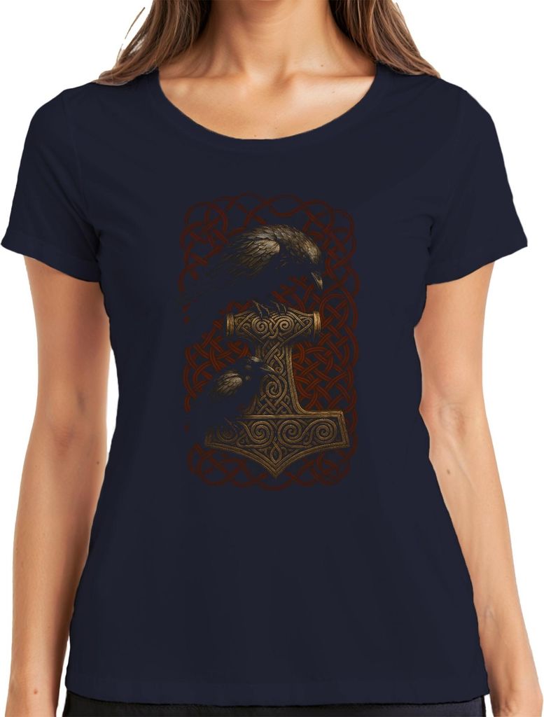 Thorhammer Mjölnir Thor Raben Runen Keltische Knoten Odin Damen T-Shirt, Navy, XL