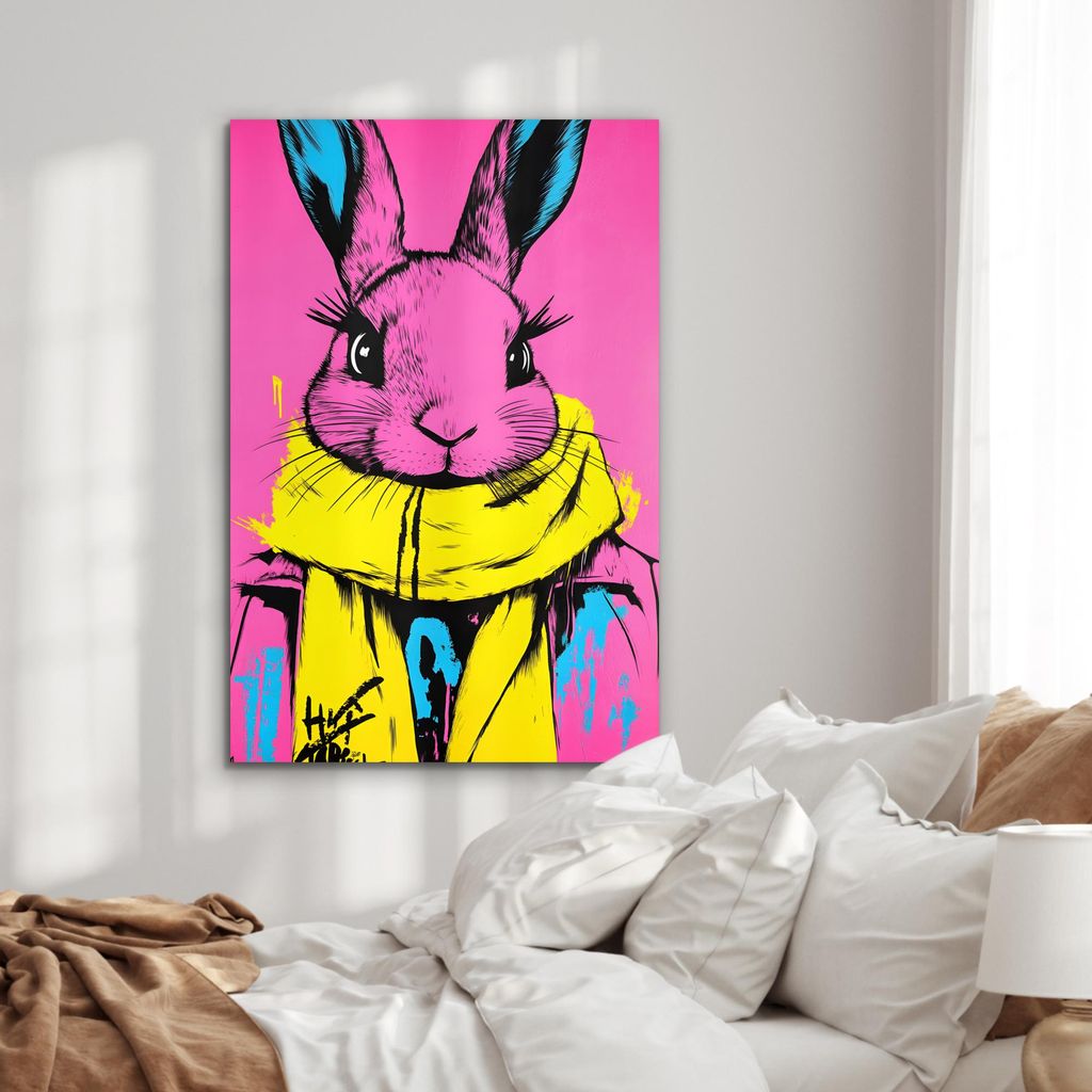 MuchoWow Wanddekoration Metall Metallbild Wandkunst 80x120 cm Kaninchen - Hellrosa - Schal - Abstrakt MuchoWow Aluminium Gemälde - Bilder