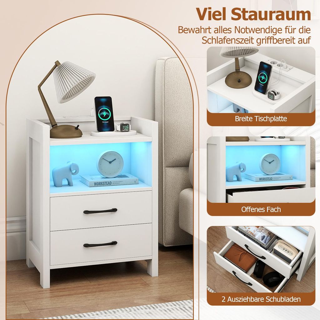 Comodino Moderno Con Luce LED RGB E Stazione Di Ricarica - Con 2 Cassetti E Scomparto Nascosto