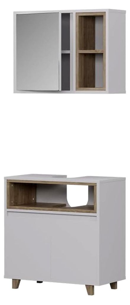 Badezimmermöbel-Set Elnor, Weiß/Eiche, mit Spiegelschrank und Unterschrank
