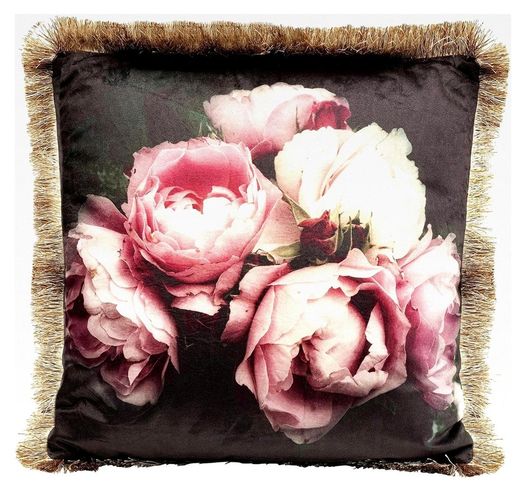 Kissen mit Blush-Rosen, quadratisches Sofakissen mit Fransen, Dekokissen mit Reißverschluss, 45x45cm, Schwarz/Bunt, 45x45x15cm