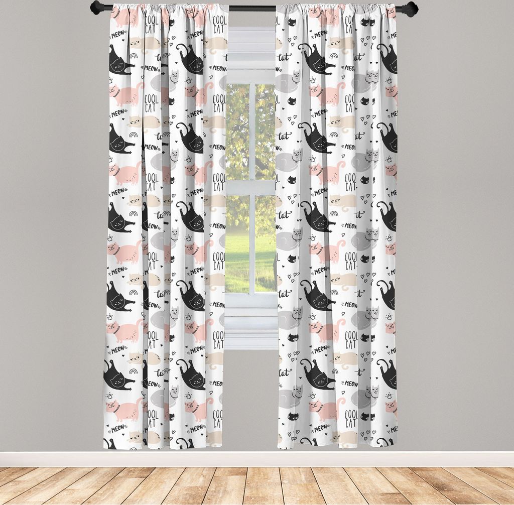 ABAKUHAUS Haustiere Vorhänge, Gardinen, Verspielt Kühlen Katzemeow Tiere Gekritzel mit Herzen Love My Kitty, 2 Stück 75 x 175 cm, , Beige Pale Pink