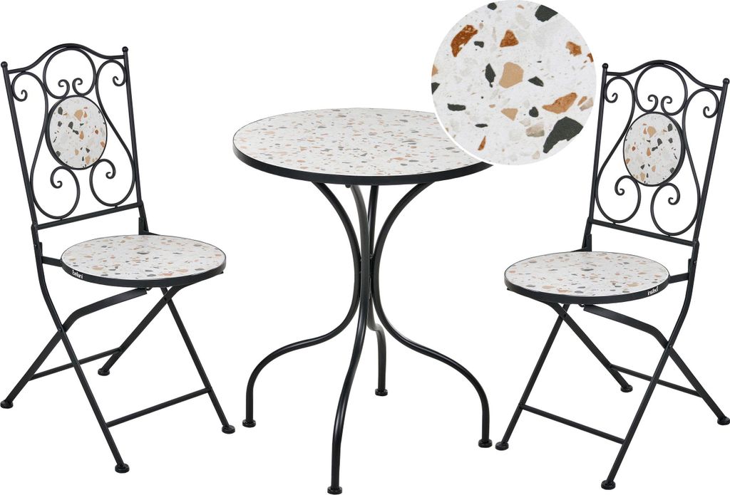 BELIANI Outdoor Garten-Bistro-Set Schwarz Metall Eisenrahmen Terrazzo-Effekt Muster Tischplatte Vintage-Stil Outdoor