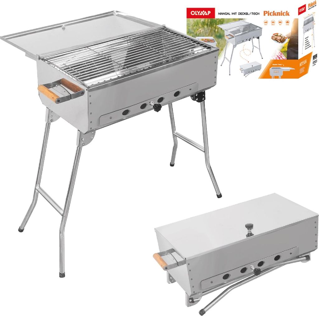 Mangal Edelstahl Picknick Schaschlik Grill mit Grillrost und Deckel