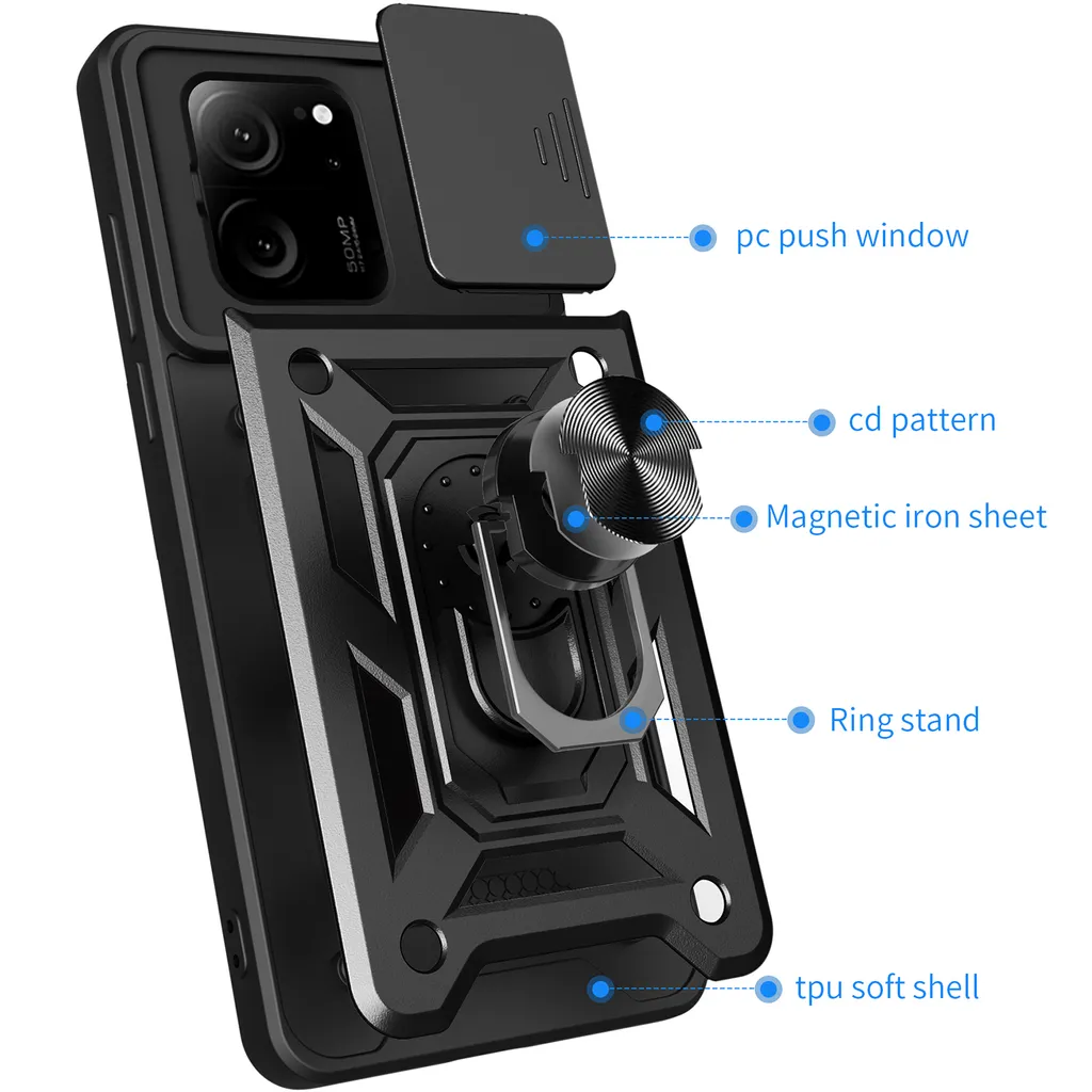 Xinyunew Cover Per Xiaomi 13T / 13T Pro – Custodia Con Sportellino Per Fotocamera, Anello Magnetico 360° E Cordino, Colore Porpora