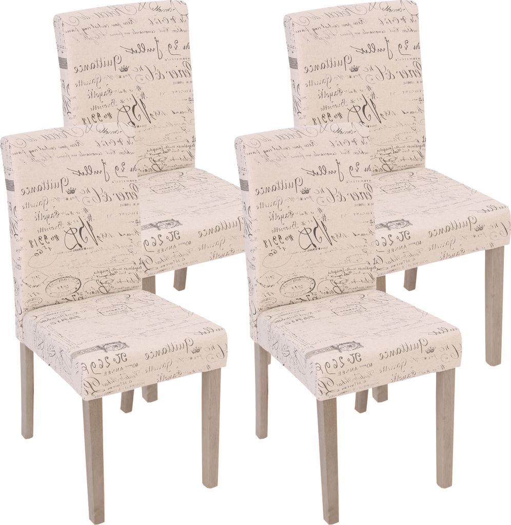 4er-Set Esszimmerstuhl Littau, Stuhl Küchenstuhl Textil mit Schriftzug, creme, Beine Struktur - Eiche