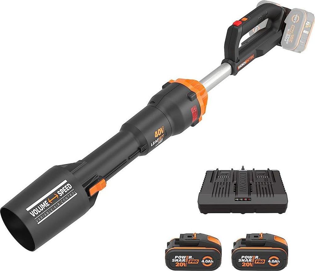 Worx Laubbläser 40V (2x20V) WG585E mit Dual-Ladegerät + 2 Akkus 4,0 Ah