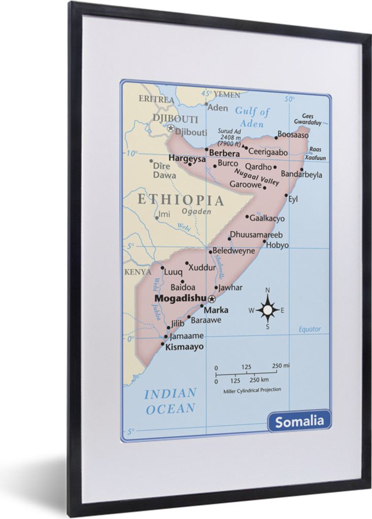 MuchoWow Gerahmtes Poster Eine Illustration einer Karte von Somalia mit blauem Rand 40x60 cm - Poster mit Schwarzem Bilderrahmen Wandposter Rahme...