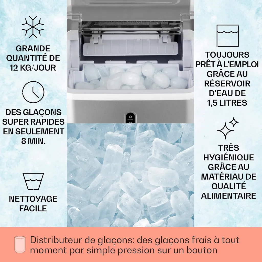 Klarstein Machine à Glaçons 1,5L - Machine à Glace Express 12kg par Jour