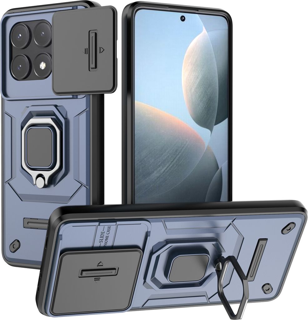 Hülle für Xiaomi Poco X6 Pro/Redmi K70E Dual Layer Handyhülle Schiebe Kamera Schutz und Ringhalter Ständer Blau