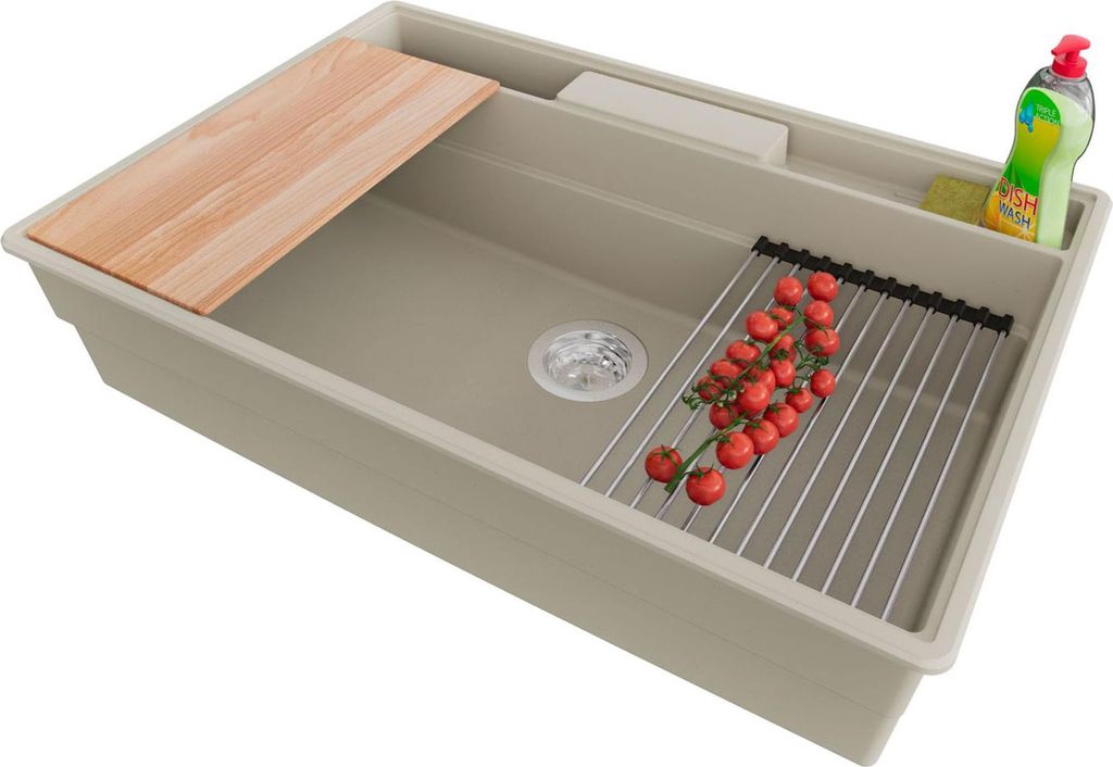 PRIMAGRAN Spülbecken Beige 78x53cm, Granitspüle 1 Becken + Ablauf-Set + Küchenzubehörset, Küchenspüle ab 80er Unterschrank - New York