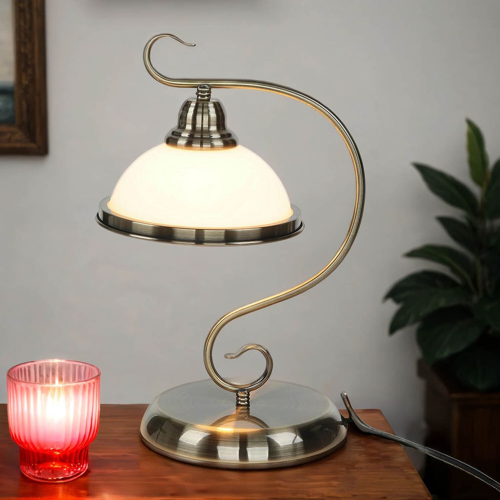 Tischleuchte Jugendstil 39 cm hoch in Bronze Glasschirm Kabelschalter E27 Schreibtischlampe Nachttischlampe