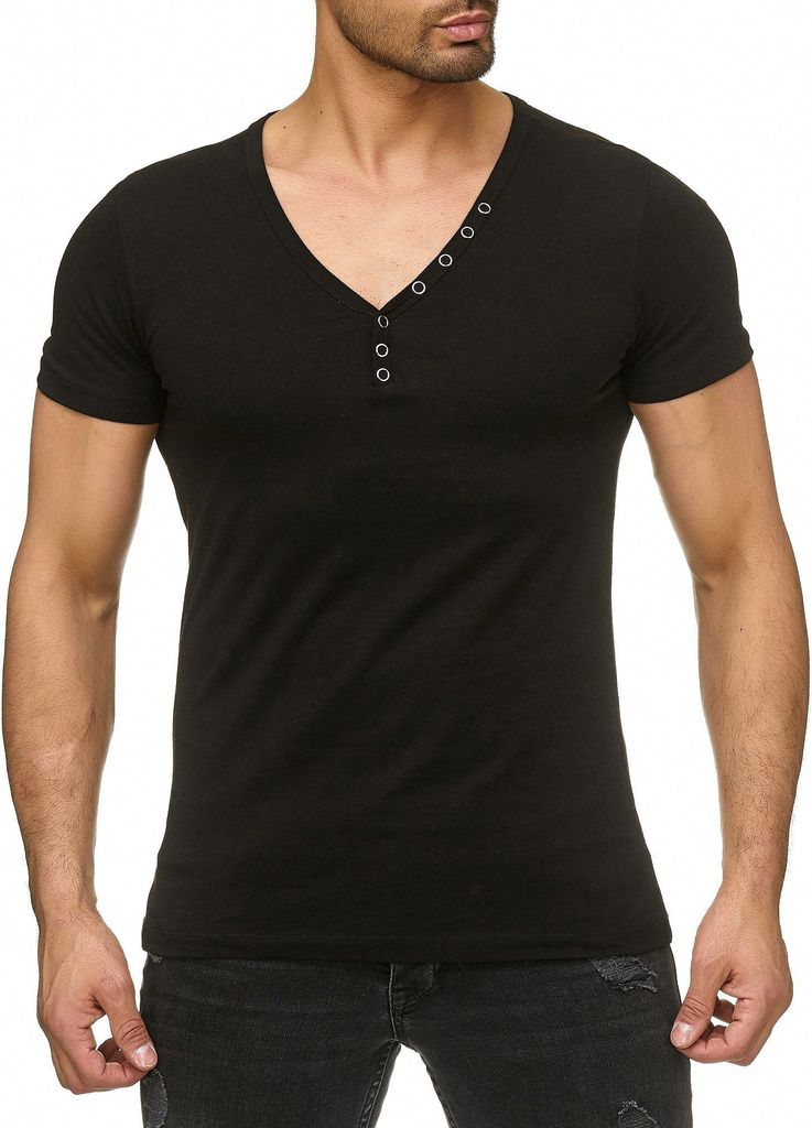 Reslad T-Shirt Herren V-Neck Buttoned Basic Look Uni Kurzarm Shirt RS-5010 Schwarz 2XL