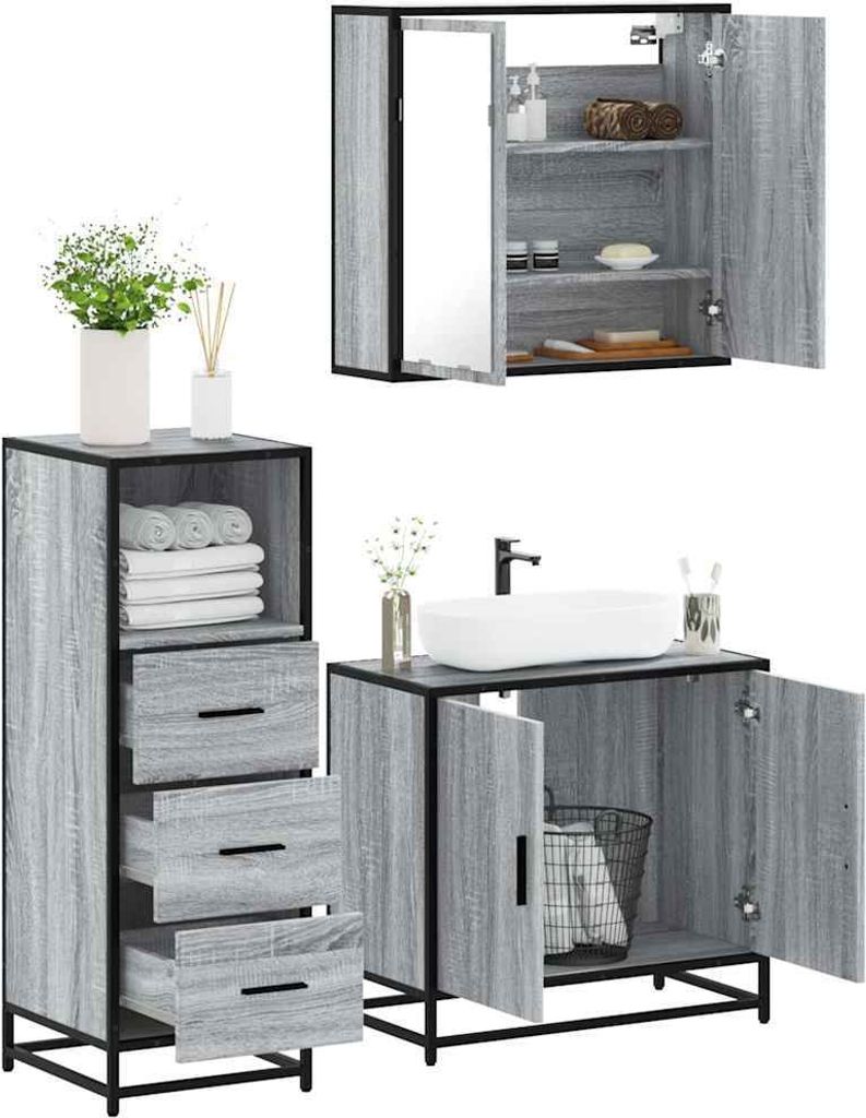 Maison Exclusive - 3-tlg. Badmöbel-Set Grau Sonoma Holzwerkstoff