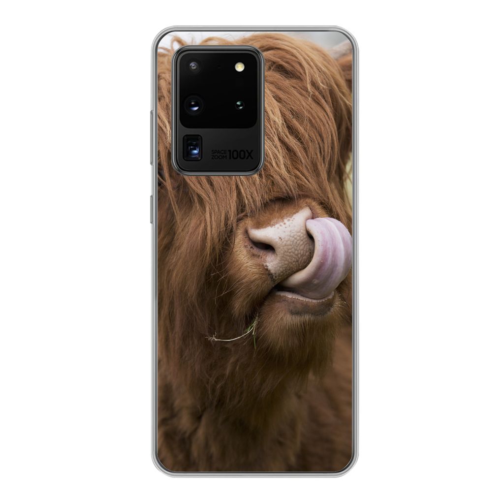 MuchoWow Handyhülle Schutzhülle Hülle für Samsung Galaxy S20 Ultra Schottischer Highlander - Braun - Kuh Silikon Softcase Handy Hülle - Kart...
