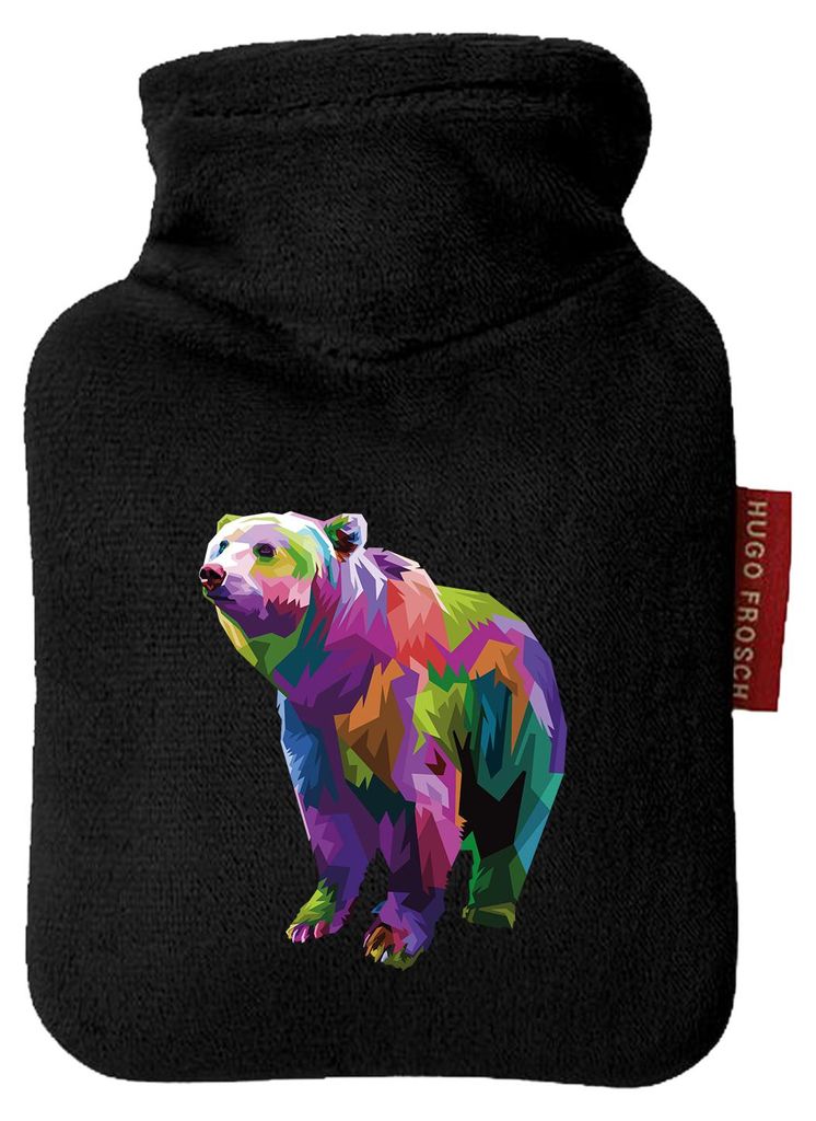 Huuraa Mini-Wärmflasche Bär Colorful 0,2 Liter Black Mini Veloursbezug Taschenwärmer Geschenkidee