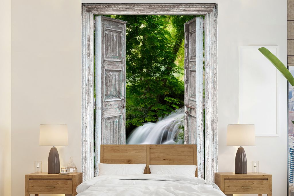 MuchoWow Fototapete für Wohnzimmer oder Schlafzimmer Wandtapete Vinyl Motivtapete Wasserfall - Aussicht - Landschaft - 170x260 cm - Wohnzimmerta...