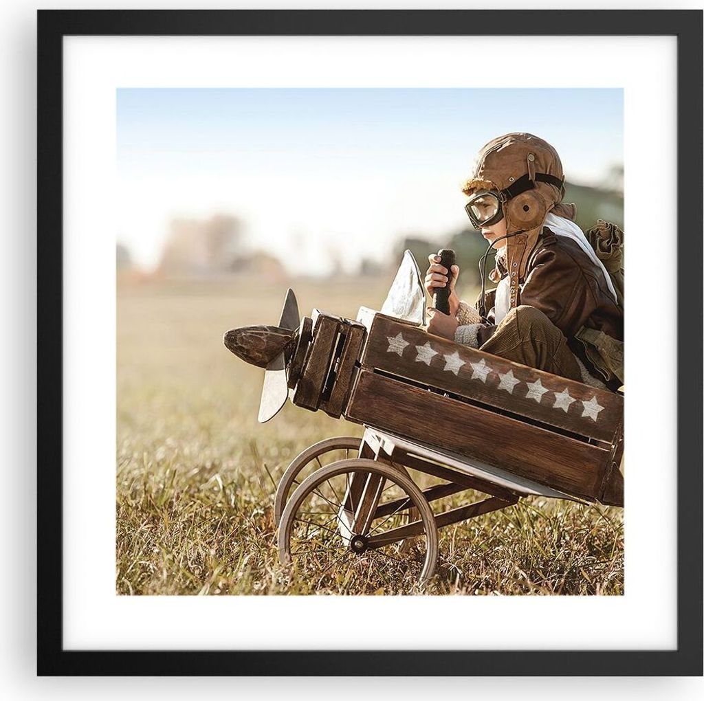 Gerahmtes Poster - Schwarzer Rahmen - Kindheit Flugzeug Spielzeug - 40x40 cm - Wand Bild - Wanddeko - Wandbilder - Kunstposter - Wandposter - Bilde...