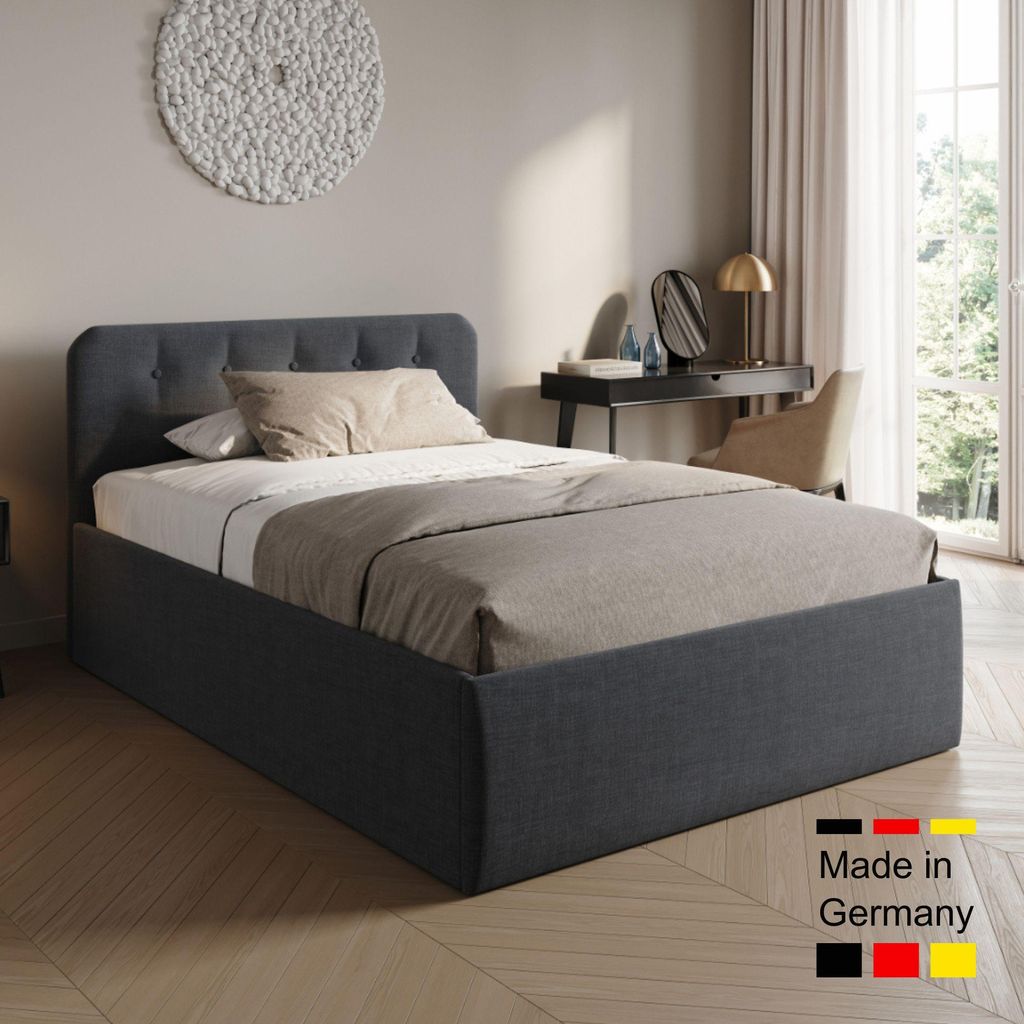 Home Collective Polsterbett 140x200 cm Doppelbett Bett mit verstellbarem Lattenrost & Bettkasten, gepolstertes Kopfteil, Germany | Anthrazit