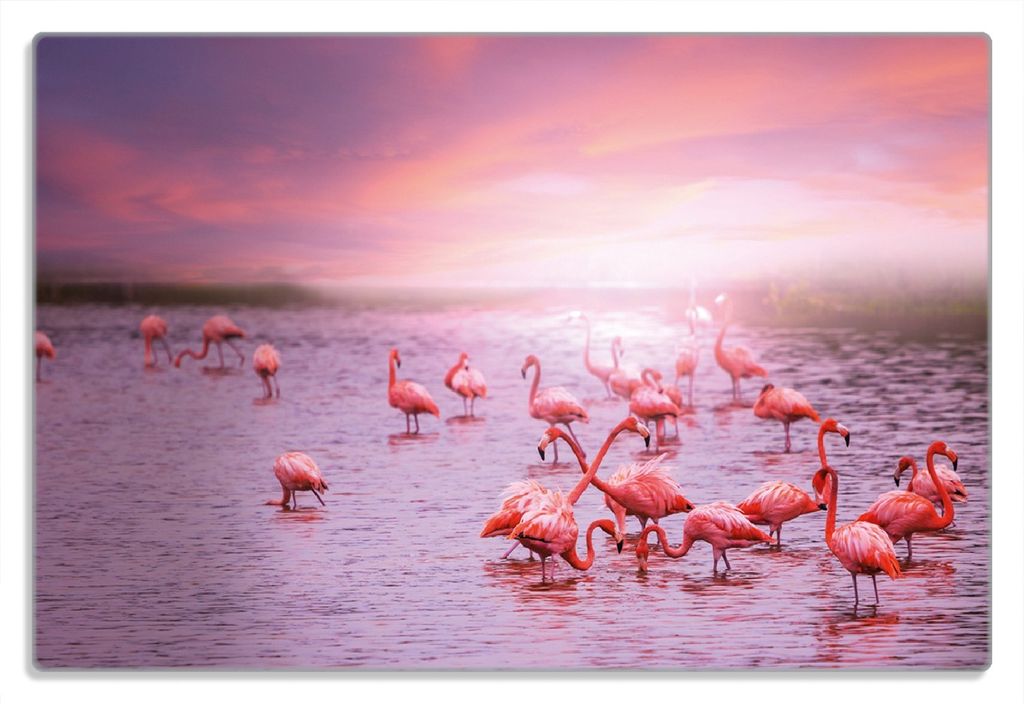 Wallario Frühstücksbrettchen aus Glas 20 x 30 cm mit rutschfesten Füßen, Motiv Rosa Flamingos bei Sonnenuntergang