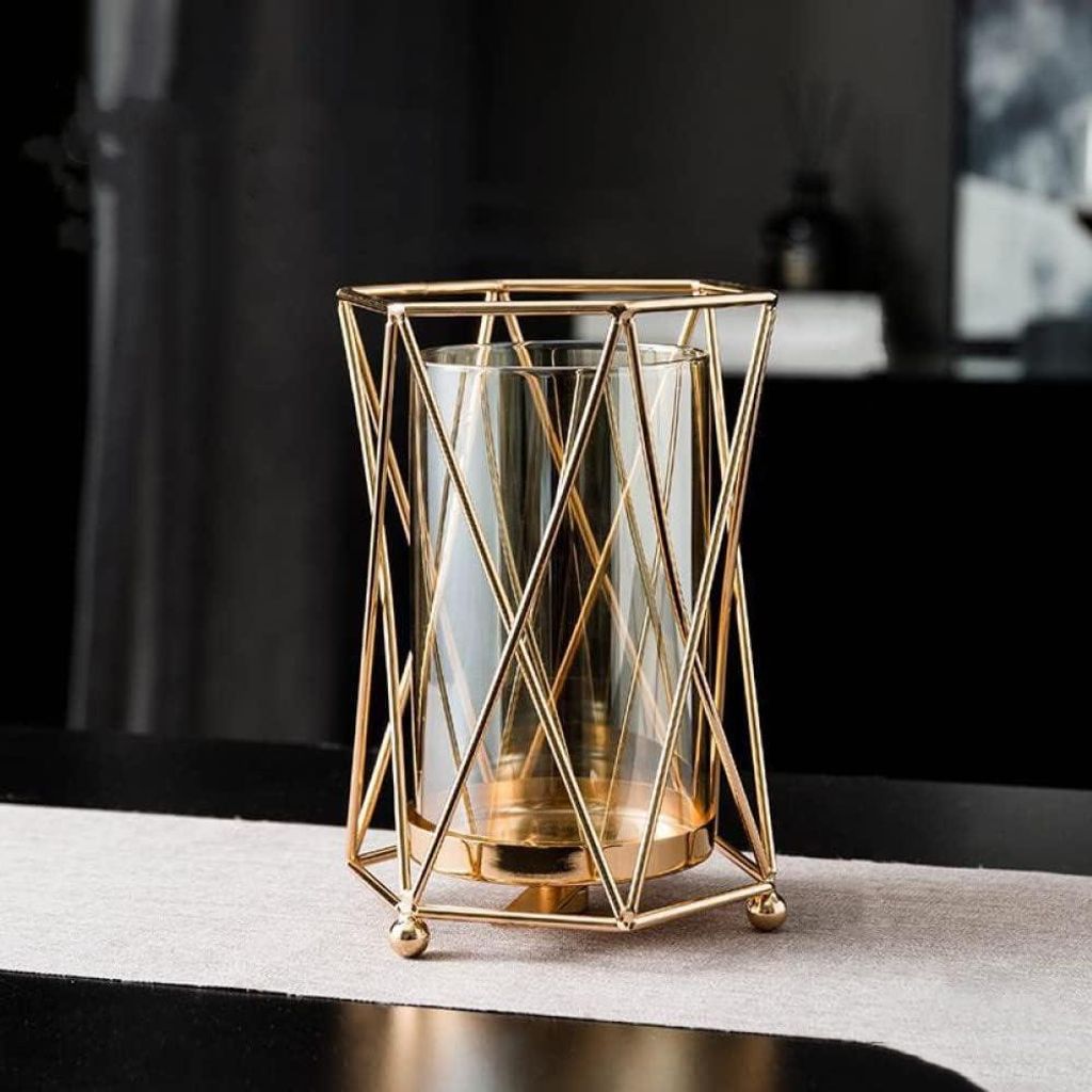 Goldene Vase aus Metall, Blumentopf, Blumenarrangement, vergoldete Legierung, Glasvasen, Schreibtisch, Wohnkultur