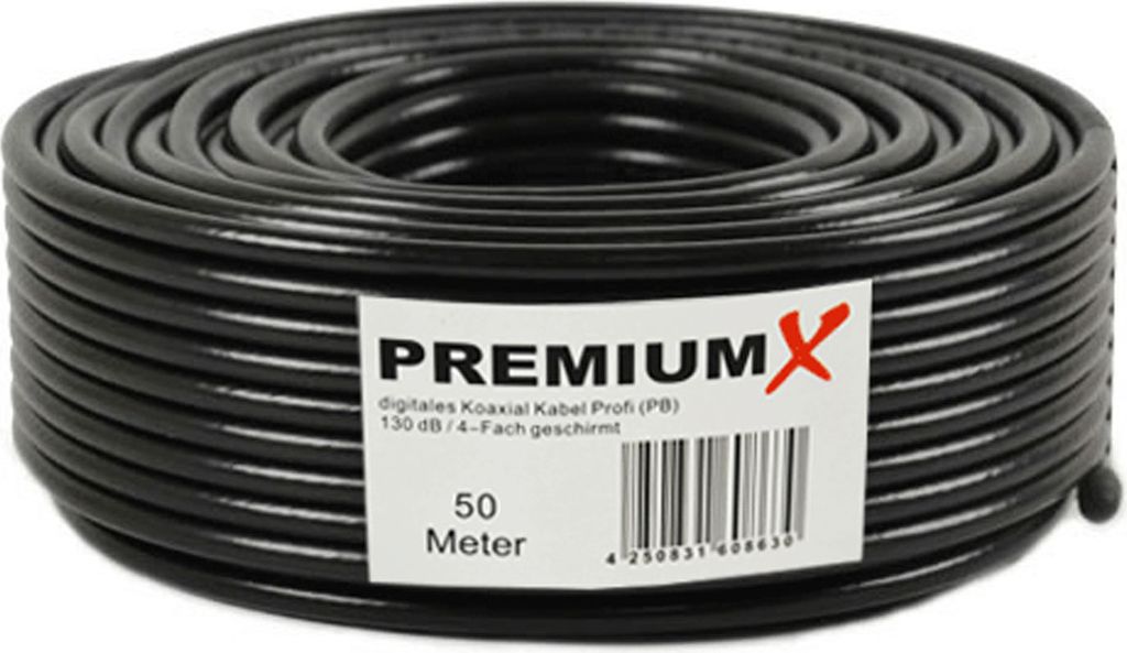 PremiumX 50m PROFI Koaxialkabel Schwarz 135dB 4-fach geschirmt REINES KUPFER