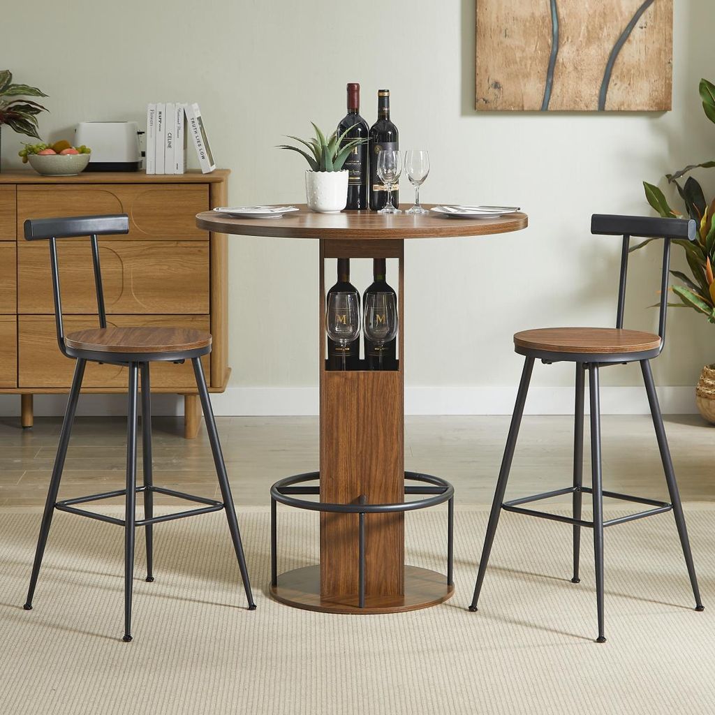 Bartisch-Set Walnuss 80 cm Rundtisch mit 2 Hockern, Holzplatte & Metall-Fußstütze, 3-teilig für Esszimmer, Café & Wohnzimmer