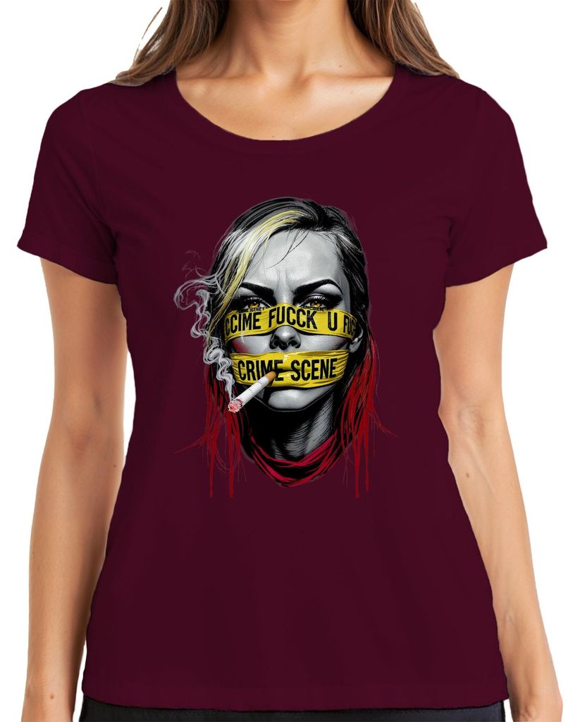 Crime Scene Absperrband Frau Zigarette rotes Haar Gothic Damen T-Shirt, Burgundy, L