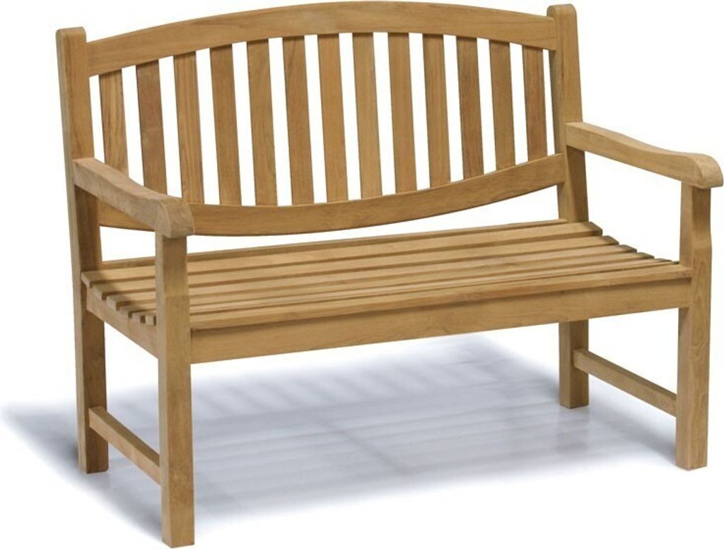 A wooden garden bench is shown against a white background.
