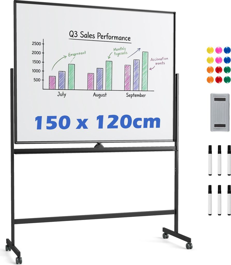 COSTWAY Doppelseitiges mobiles Whiteboard, 150x120 cm, höhenverstellbares magnetisches Whiteboard mit Rollen, Ständer und Stiftablage für Büro ...
