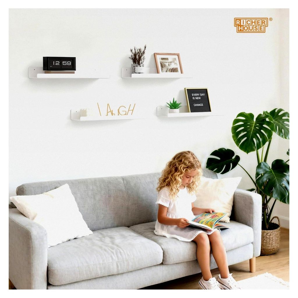 4er Set Wandregal Weiß, 38 cm Acryl Schwebendes Regal ohne Bohren, Doppelte Befestigung für Schlafzimmer, Bad, Küche, Wohnzimmer Lagerung & Orga...