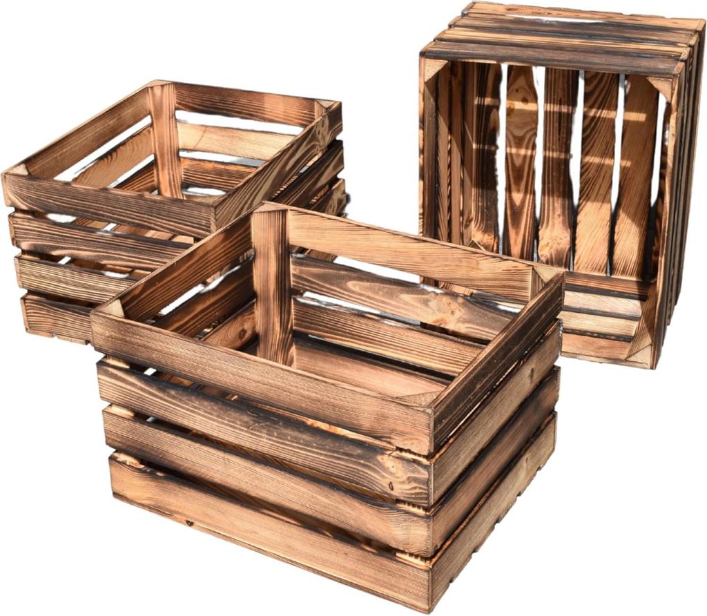TIMBERMIK 3 Stück Geflammte Holzkiste B:50xH:30xT:40 Geschenkkorb Leer Kiste Groß Deko Weinkiste Holz Obstkiste