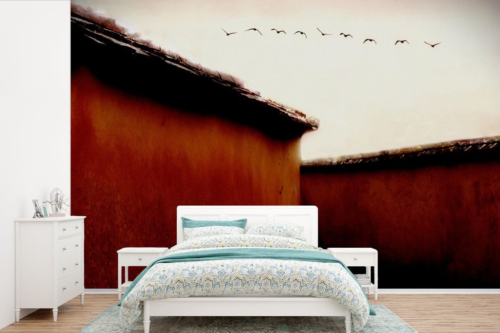 MuchoWow Fototapete für Wohnzimmer oder Schlafzimmer Wandtapete Vinyl Motivtapete Tiere - Vögel - Häuser - Rot - 525x350 cm - Das Hintergrundbild