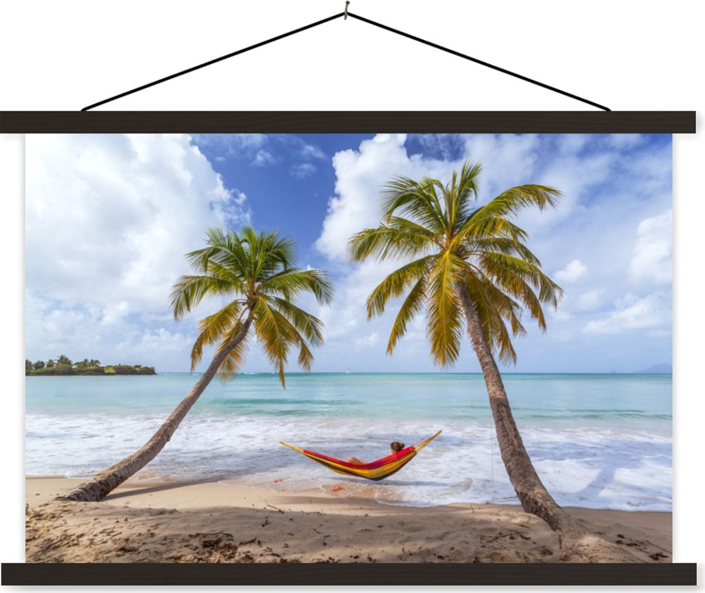 MuchoWow Textilposter Strand - Palmen - Hängematte 90x60 cm mit schwarzem Rahmen - Aufhängungssatz